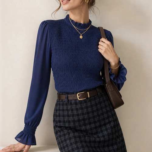 Ruffled High Neck Puff Sleeve Slim Blouse Tee